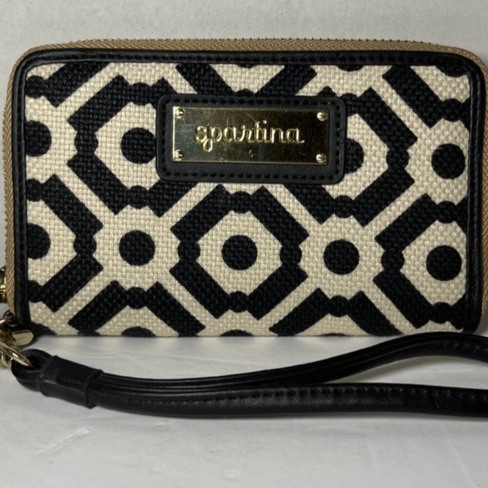Spartina Daufuskie Island Linen & Leather Wristlet Wallet Black & Beige 6 1/4X 4